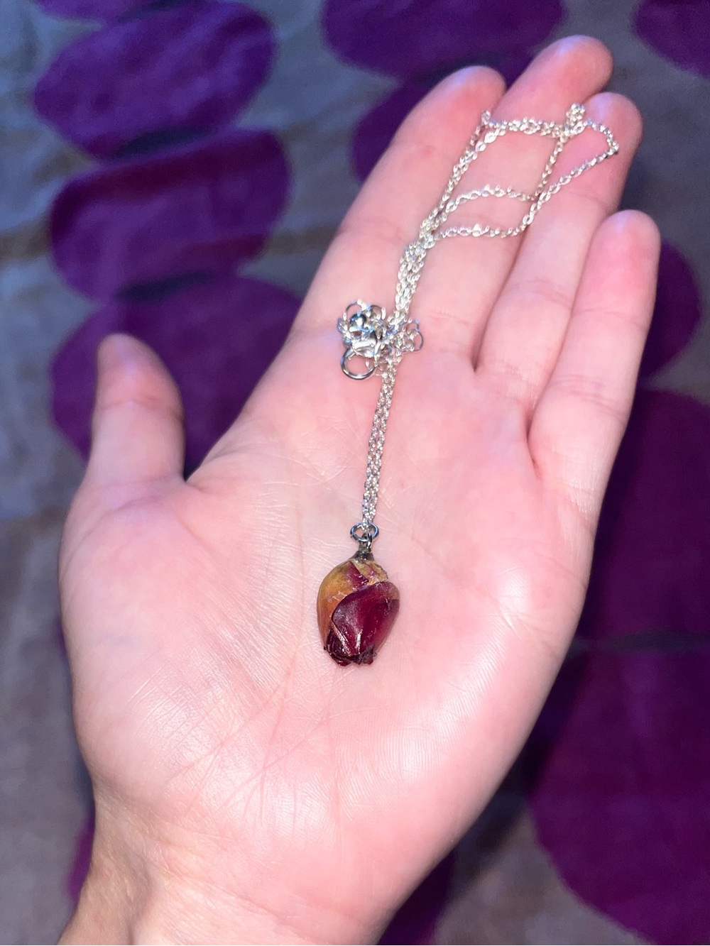 REAL Preserved Rosebud Pendant Necklace with Silver Chain
